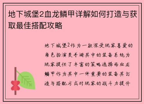 地下城堡2血龙鳞甲详解如何打造与获取最佳搭配攻略